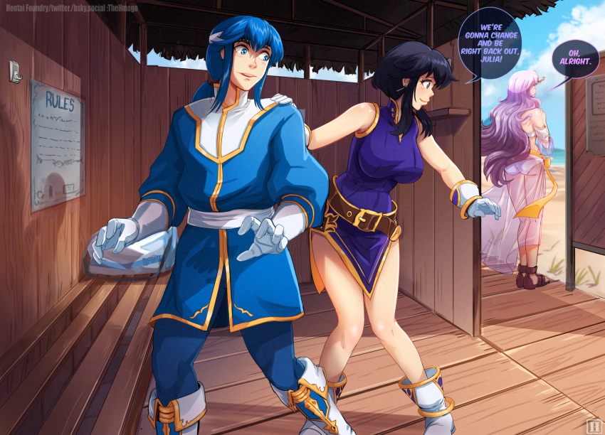 1boy 2_girls alternate_costume ass assertive_female bag bare_legs beach belt bench big_breasts bikini black_hair blue_sky boots brother_and_sister changing_room commission commissioner_upload couple day earrings english_text fire_emblem fire_emblem:_genealogy_of_the_holy_war gloves headband hetero high_res hmage intelligent_systems jewelry julia_(fire_emblem) larcei_(fire_emblem) long_hair looking_at_another multiple_girls nintendo ocean outside ponytail purple_hair purple_tunic sand sandals sarong see-through_clothes see-through_sarong seliph_(fire_emblem) shelf shore short_hair siblings sidelocks sign silf sky sleeveless smile speech_bubble standing swimsuit tomboy tunic white_bikini