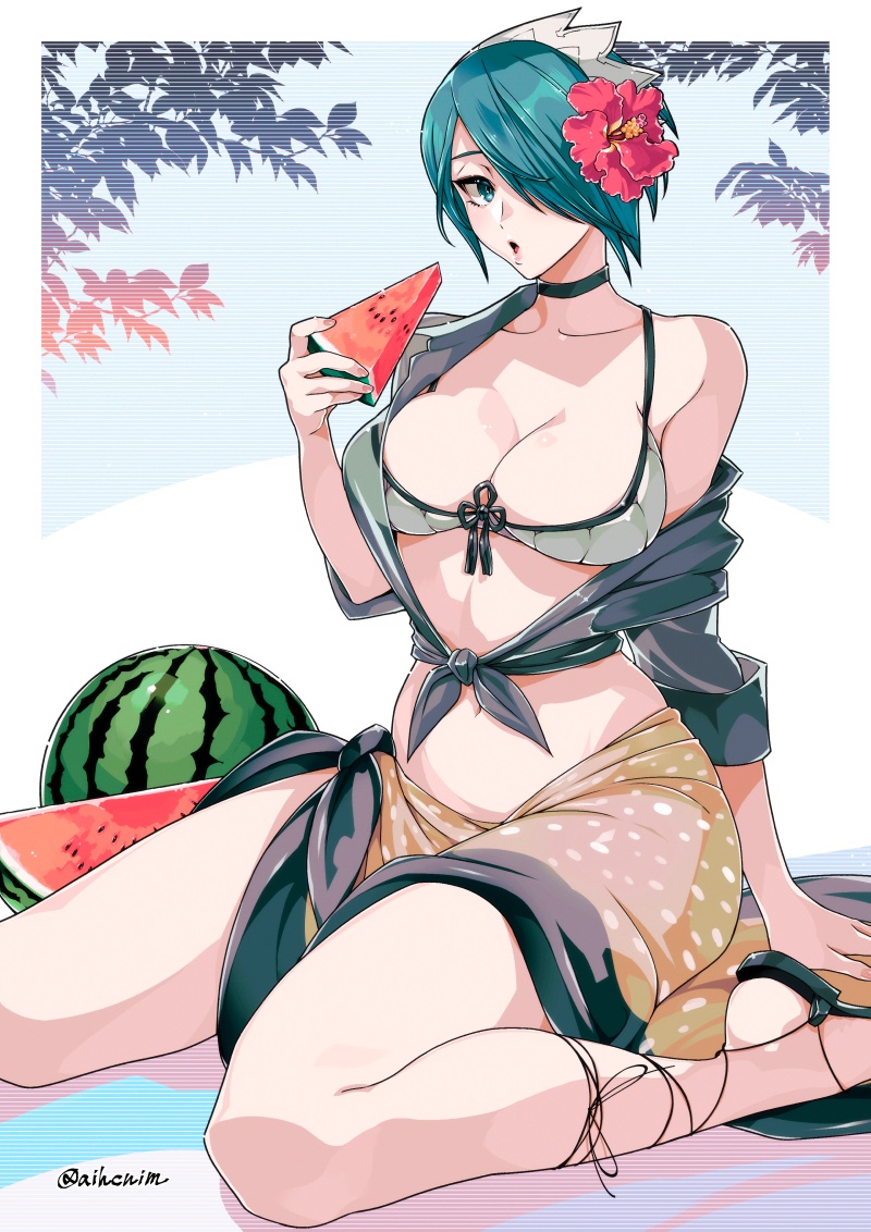 1girl 1girl alluring alternate_costume big_breasts bikini commission eating fire_emblem fire_emblem_fates flower food fruit grey_bikini hair_flower hair_ornament hair_over_one_eye holding holding_food intelligent_systems looking_at_viewer minchia nintendo setsuna_(fire_emblem) skeb_commission summer swimsuit teal_hair watermelon watermelon_slice