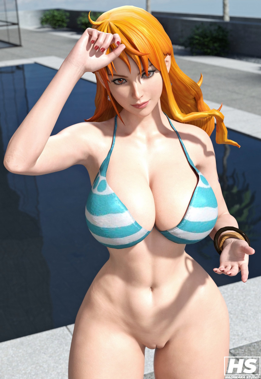 1girl 3d alluring ass athletic_female bare_legs big_ass big_breasts bikini bikini_top female_abs female_only fit_female hagiwara_studio long_hair looking_at_viewer naked_from_the_waist_down nami nami_(one_piece) one_piece orange_hair orange_hair_female pin_up post-timeskip pussy striped_bikini swimming_pool tattoo thick_thighs