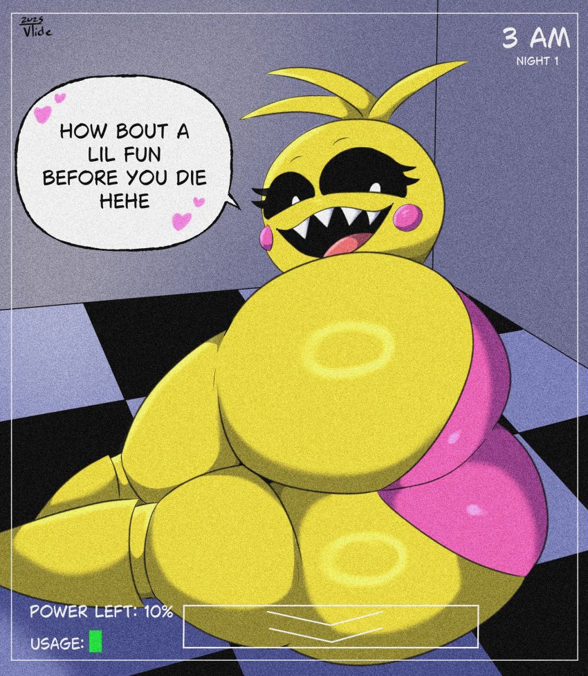 1girl 1girl animatronic animatronic_female ass ass_focus camera_view chicken chicken_girl clothed female_only five_nights_at_freddy's five_nights_at_freddy's_2 huge_ass revealing_clothes robot robot_girl scottgames sideass teasing toy_chica_(fnaf) voidtide30