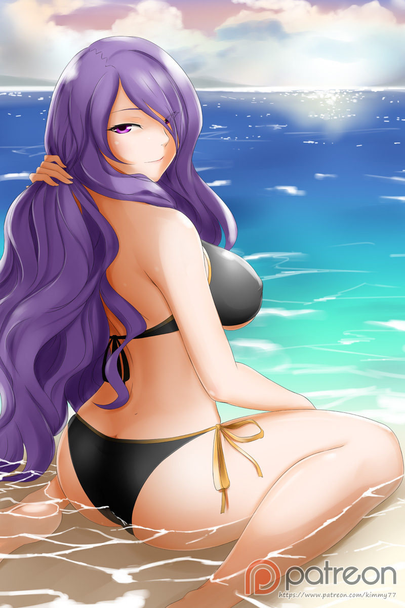 1girl 1girl alluring ass big_breasts bikini black_bikini black_ribbon butt_crack camilla_(fire_emblem) cloud covered_erect_nipples day eyes_visible_through_hair female_focus fire_emblem fire_emblem_fates fire_emblem_warriors hair_over_one_eye hand_in_own_hair high_res intelligent_systems kimmy77 long_hair looking_at_viewer looking_back nintendo ocean outside patreon_logo purple_hair ribbon side-tie_bikini_bottom sideboob sitting smile swimsuit under_boob very_long_hair wariza water watermark yellow_ribbon