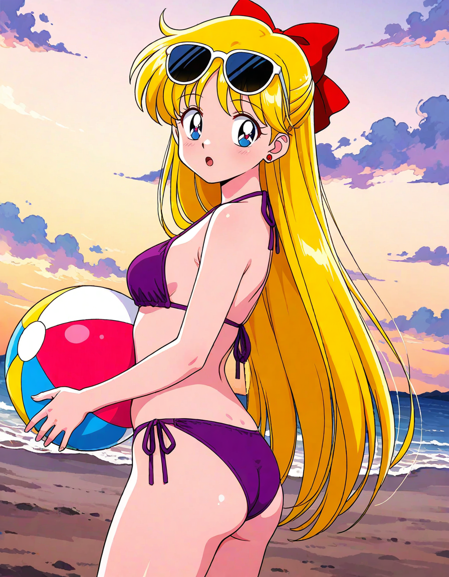 1girl accurate_art_style adult_swim alluring ass beach beach_ball bikini bishoujo_senshi_sailor_moon bishoujo_senshi_sailor_moon_r bishoujo_senshi_sailor_moon_r_the_movie bishoujo_senshi_sailor_moon_s bishoujo_senshi_sailor_moon_s_the_movie bishoujo_senshi_sailor_moon_supers bishoujo_senshi_sailor_moon_supers_the_movie blonde_hair blue_eyes holding_ball holding_beachball looking_back_at_viewer medium_breasts minako_aino mzr10 ocean sideboob sunset toei_animation toonami
