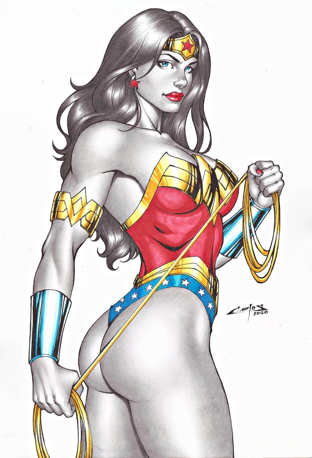 1girl amazon arm_behind_back ass bangs bare_arms bare_legs bare_shoulders big_ass big_breasts black_hair blue_eyes blue_leotard bracer breasts carlos_braga cleavage collarbone dc_comics dcau diana_prince earrings female_only female_solo from_behind hand_up heroine holding holding_object jewelry justice_league justice_league_unlimited lasso_of_truth legs legs_together leotard lips lipstick long_hair looking_at_viewer looking_back makeup multicolored_clothes multicolored_leotard nail_polish neck parted_bangs red_earrings red_leotard red_lipstick red_nails serious simple_background smile standing star star_(symbol) star_earrings star_print straight_hair strapless strapless_leotard superhero_costume superheroine themysciran thighs tiara two-tone_leotard wavy_hair white_background wonder_woman wonder_woman_(series)