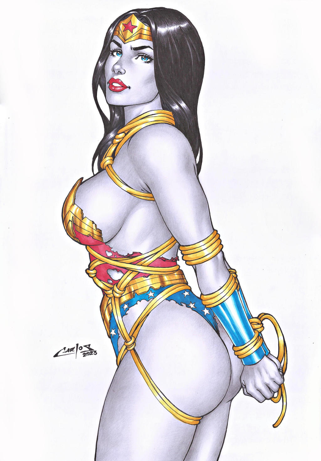 1girl amazon arms_behind_back arms_tied arms_tied_behind_back ass bangs bare_arms bare_legs bare_shoulders big_ass big_breasts black_hair blue_eyes blue_leotard bondage bracer breasts carlos_braga clenched_hand dc_comics dcau diana_prince female_only female_solo from_behind from_side grin heroine jewelry justice_league justice_league_unlimited lasso_of_truth legs legs_together leotard lips lipstick long_hair looking_at_viewer looking_back makeup medium_breasts multicolored_clothes multicolored_leotard naughty_face neck parted_bangs parted_lips red_leotard red_lipstick sideboob simple_background smile standing star star_(symbol) star_print straight_hair strapless strapless_leotard superhero_costume superheroine themysciran thighs tiara tied_up torn_clothes torn_leotard two-tone_leotard white_background wonder_woman wonder_woman_(series)