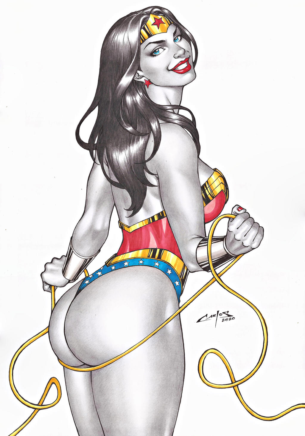 1girl amazon ass bangs bare_arms bare_legs bare_shoulders big_ass big_breasts black_hair blue_eyes blue_leotard bracer breasts carlos_braga clenched_teeth dc_comics dcau diana_prince earrings female_only female_solo from_behind grin head_tilt heroine holding holding_object jewelry justice_league justice_league_unlimited lasso_of_truth legs legs_together leotard lips lipstick long_hair looking_at_viewer looking_back makeup medium_breasts multicolored_clothes multicolored_leotard nail_polish naughty_face neck parted_bangs parted_lips red_earrings red_leotard red_lipstick red_nails round_teeth simple_background smile standing star star_(symbol) star_earrings star_print strapless strapless_leotard superhero_costume superheroine teeth themysciran thick_thighs thighs tiara two-tone_leotard white_background wonder_woman wonder_woman_(series)