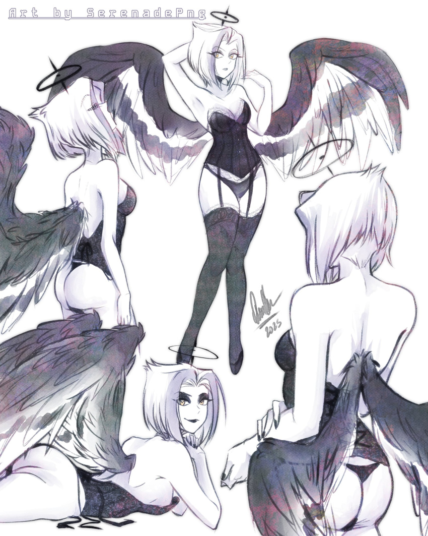 1girl angel angel_girl angel_wings ass black_halo cleavage corset halo hazbin_hotel lingerie lute_(hazbin_hotel) serenade serenadepng solo twitter vivienne_medrano vivziepop