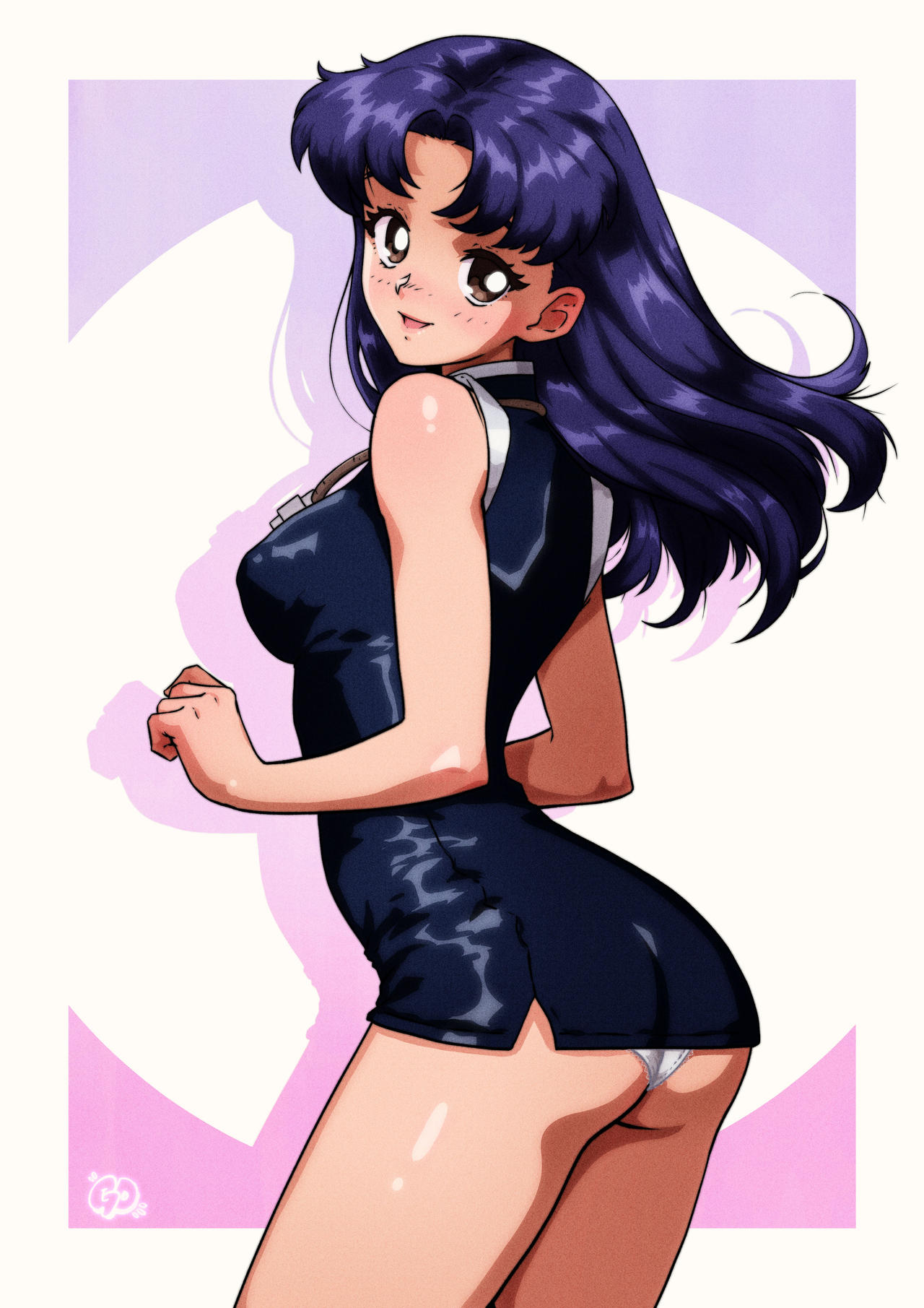1girl ass bangs bare_arms bare_legs bare_shoulders big_ass big_breasts black_dress blush border breasts brown_eyes clenched_hand dress female_only female_solo floating_hair from_behind gravydood jewelry legs legs_together lips long_hair looking_at_viewer looking_back medium_breasts misato_katsuragi necklace neon_genesis_evangelion open_mouth outside_border panties parted_bangs purple_hair shadow short_dress sleeveless sleeveless_dress smile standing straight_hair thighs underwear white_border white_panties white_underwear