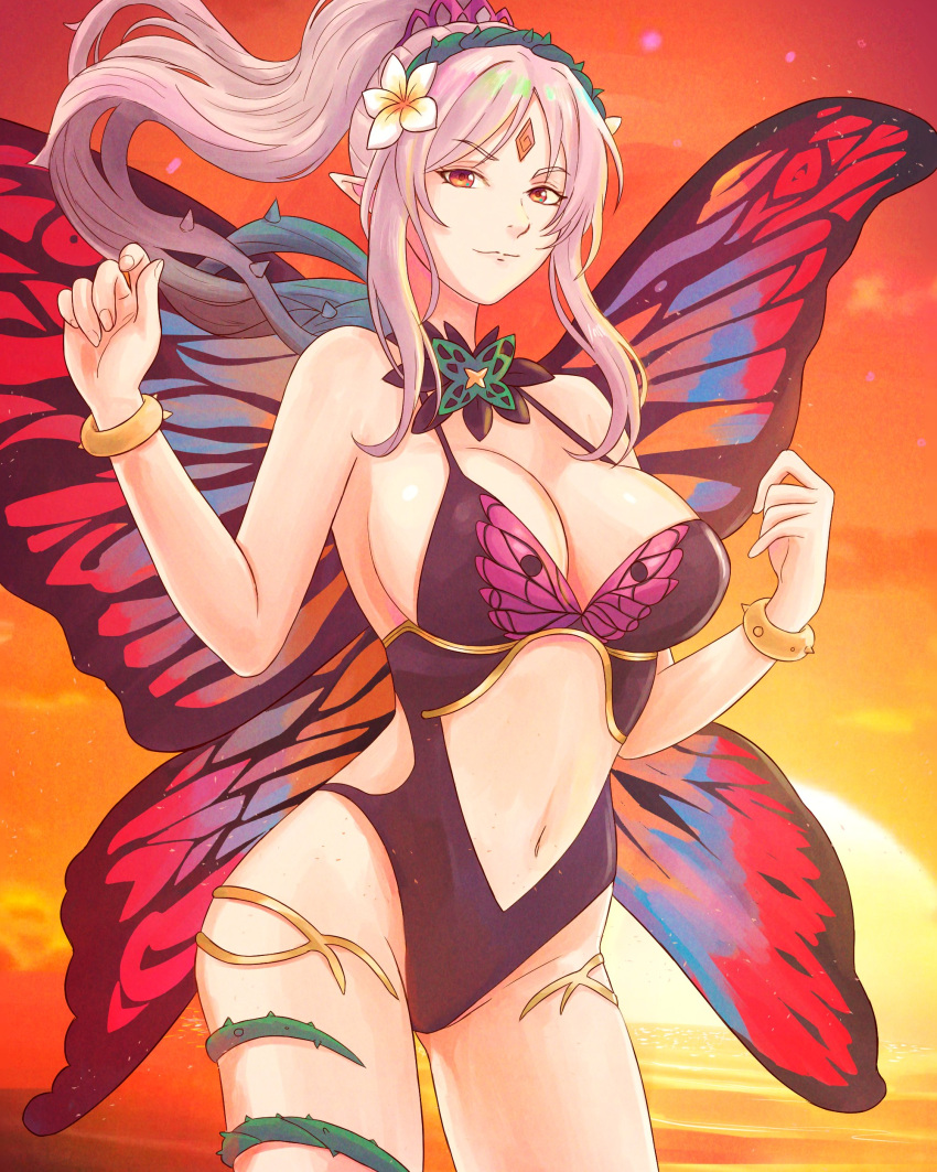 1girl 1girl 1girls absurd_res alluring animal_print bare_shoulders big_breasts bikini black_swimsuit bracelet brown_eyes butterfly_print butterfly_wings cleavage cowboy_shot facial_mark fairy_wings female_only fire_emblem fire_emblem_heroes forehead_mark grey_hair high_res intelligent_systems jewelry leotard navel nintendo official_alternate_costume one-piece_bikini plant plumeria_(fire_emblem) ponytail smile sunset swimsuit thorns truejekart twilight vines wings
