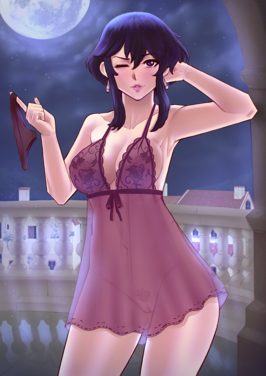 1girl 1girl 1girls ;d alluring alternate_breast_size aquiadok babydoll babydoll_lingerie balcony bedroom_eyes big_breasts big_breasts black_panties breasts come_hither earrings female_pubic_hair fire_emblem fire_emblem:_genealogy_of_the_holy_war full_moon intelligent_systems larcei_(fire_emblem) lips looking_at_viewer moon negligee night nightgown nintendo nipples no_panties one_eye_closed outside panties panties_around_one_finger pubic_hair purple_eyes purple_hair purple_panties pussy revealing_clothes seductive seductive_smile see-through short_hair sideboob sky smile teasing wink