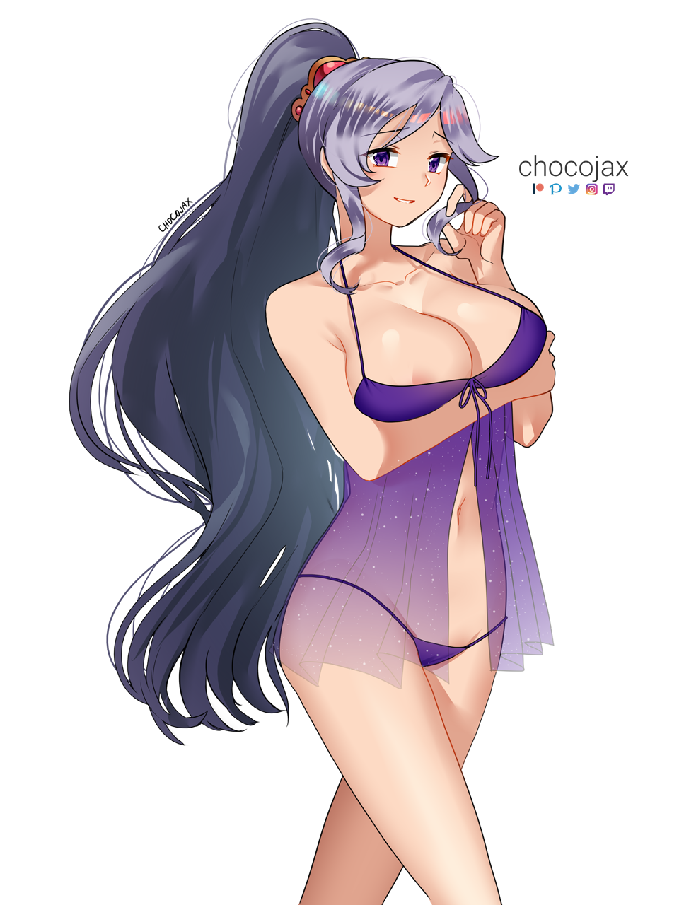 1girl 1girl alluring artist_name bare_legs bare_shoulders big_breasts center_opening chocojax cleavage cloak collarbone dress fire_emblem fire_emblem:_genealogy_of_the_holy_war gown high_res intelligent_systems ishtar_(fire_emblem) long_hair navel nightgown nintendo panties ponytail purple_eyes purple_hair see-through_clothes silver_hair smile stomach underwear
