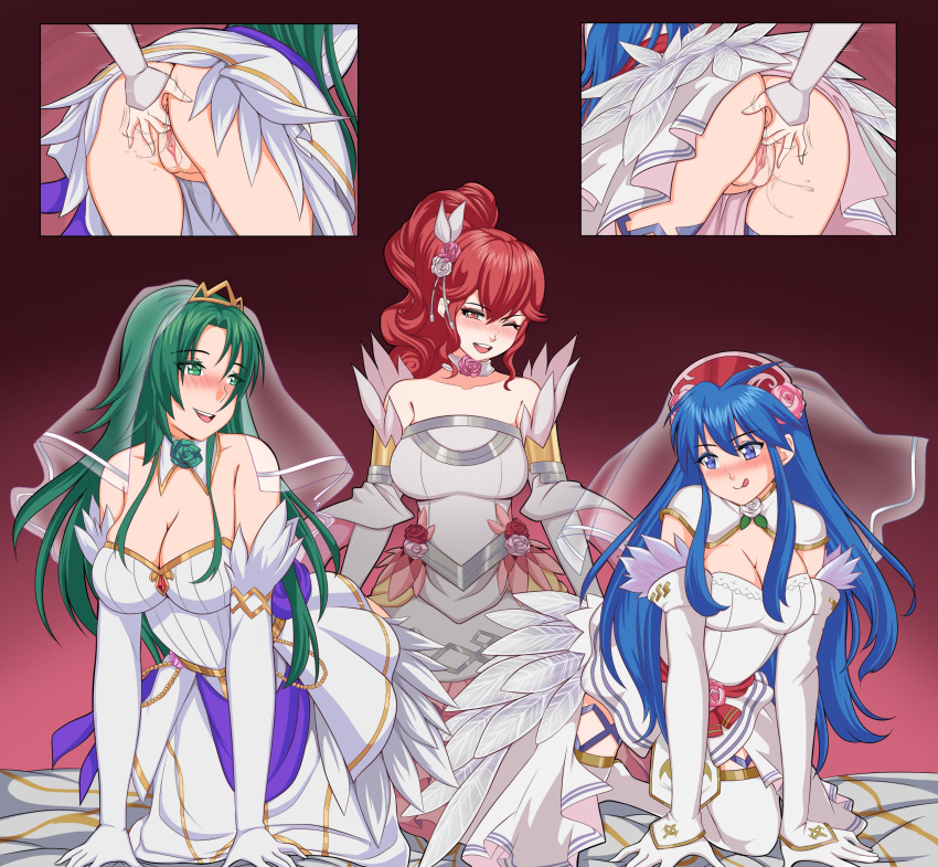 1girl 3_girls :p ;d all_fours alluring alternate_costume anna_(fire_emblem) anna_(fire_emblem_awakening) anus ass ass_focus bare_shoulders bare_thighs bent_over big_ass big_breasts blue_eyes blue_hair bridal_veil bride cecilia_(fire_emblem) cleavage collarbone double_fingering dress fefex female_only fff_threesome fingering fingering_partner fire_emblem fire_emblem:_the_binding_blade fire_emblem_heroes green_eyes green_hair hat intelligent_systems licking_lips lilina_(fire_emblem) long_hair looking_back medium_breasts multiple_girls nintendo official_alternate_costume one_eye_closed open_mouth ponytail pussy pussy_juice red_eyes red_hair rs40uchiha see-through shoulders smile stockings thighs threesome tongue tongue_out vaginal_penetration veil very_long_hair wedding_dress wink yuri