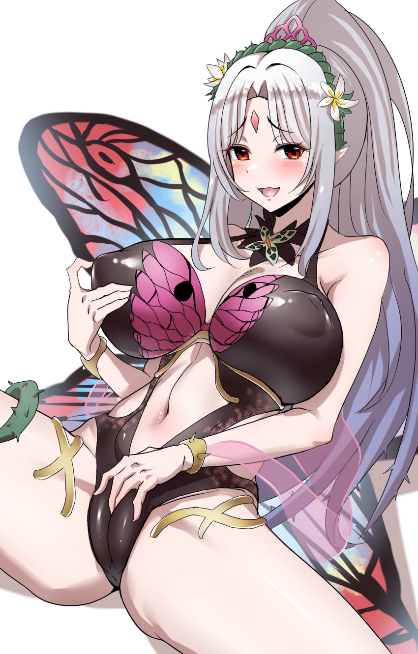 1girl absurd_res alluring alternate_costume bare_shoulders big_breasts black_one-piece_bikini black_swimsuit cameltoe commission covered_nipples fairy_wings female_masturbation female_only fingering fingering_self fire_emblem fire_emblem_heroes gomalamp green_hairband hairband high_ponytail high_res intelligent_systems looking_at_viewer masturbation nintendo official_alternate_costume one-piece_bikini plumeria_(fire_emblem) pointy_ears puffy_nipples pussy red_eyes revealing_clothes self_fondle skeb_commission swimsuit white_background wings