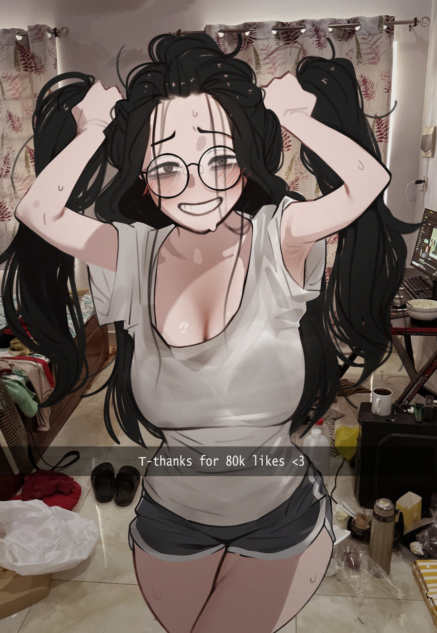 1girl absurd_res alternate_hairstyle armpits arms_up asmongold bags_under_eyes big_breasts big_breasts big_breasts black_eyes black_hair black_shorts blush breasts bunching_hair cleavage clenched_teeth clutter collarbone cowboy_shot curtains dingotoad dolphin_shorts forehead grabbing_own_hair grin half-closed_eyes hands_in_own_hair high_res holding holding_own_hair indoors livestream long_hair looking_at_viewer messy_room neet original photo_background playing_with_hair round_eyewear shirt short_shorts shorts smile sweatdrop teeth text trash twin_tails unkempt white_shirt