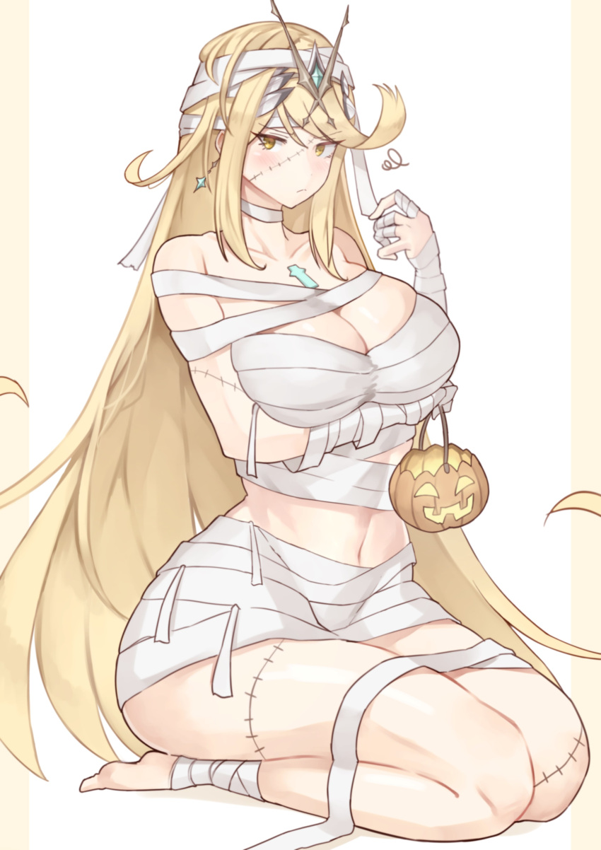 1girl alluring big_breasts halloween halloween_costume looking_at_viewer mummy_costume mummy_girl mummy_wrappings mythra_(xenoblade) oniisan02b shiorino_mani_(artist) xenoblade_(series) xenoblade_chronicles_2 yellow_eyes yellow_hair yotsuhauni