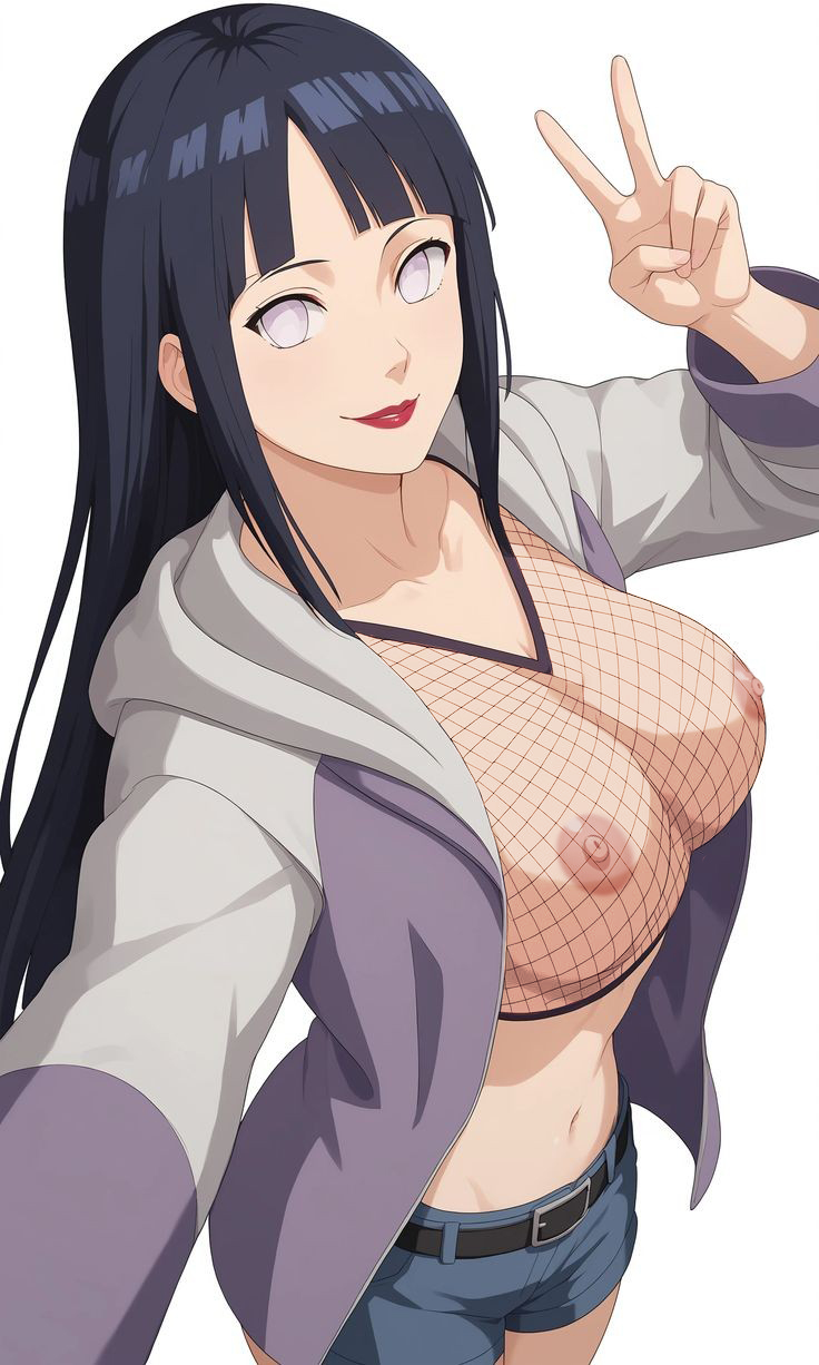 big_breasts blue_hair crop_top grey_eyes hinata_hyuuga lipstick long_hair looking_at_viewer naruto:_road_to_ninja naruto_shippuden nekom14 nipples open_clothes open_jacket peace_sign shorts