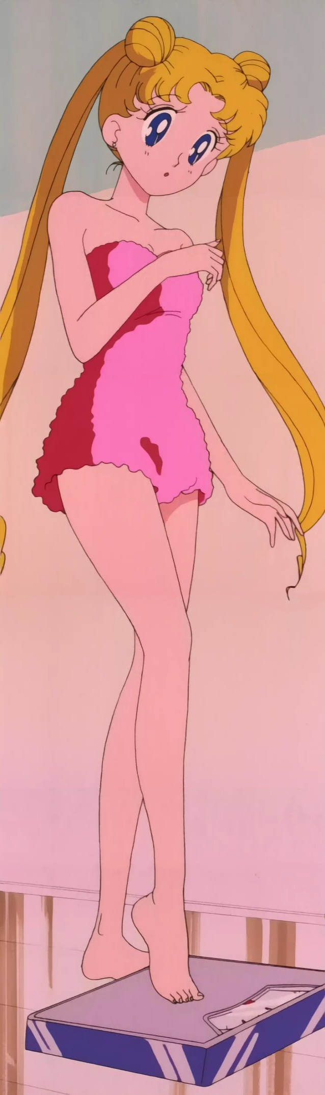 1990s_(style) adult_swim alluring anime_screenshot bare_legs barefoot bishoujo_senshi_sailor_moon bishoujo_senshi_sailor_moon_r bishoujo_senshi_sailor_moon_r_the_movie bishoujo_senshi_sailor_moon_s bishoujo_senshi_sailor_moon_s_the_movie bishoujo_senshi_sailor_moon_supers bishoujo_senshi_sailor_moon_supers_the_movie blonde_hair blue_eyes blush cleavage collarbone double_bun earrings hair_bun high_res jewelry legs long_hair long_image looking_down medium_breasts naked_towel open_mouth retro_artstyle standing stitched tall_image third-party_edit toei_animation toonami towel twin_tails usagi_tsukino viz_media