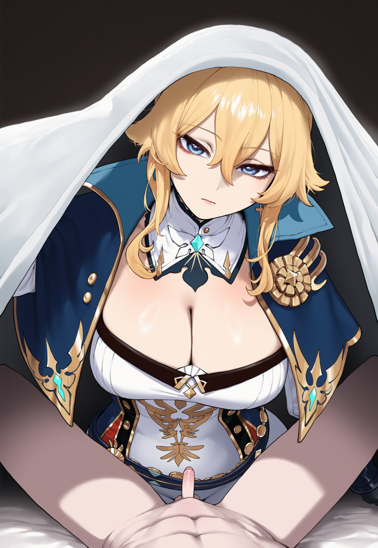1boy 1girl ai_assisted ai_generated bed bedsheet blonde_hair blue_eyes breasts clothed_female clothed_female_nude_male emotionless erect_penis erection eye_contact foreskin genshin_impact huge_breasts humiliation jean_gunnhildr light-skinned_female light_skin looking_at_viewer mihoyo netorare ntr pov small_penis truck-kun_art uncircumcised under_blanket