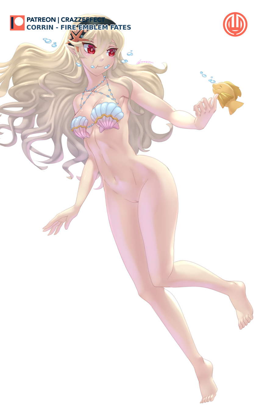 1girl 1girl 1girl alluring alternate_costume bare_legs barefoot big_breasts blonde_hair corrin_(fire_emblem) corrin_(fire_emblem)_(female) corrin_(summer)_(fire_emblem)_(female) crazzeffect female_only fire_emblem fire_emblem_cipher fire_emblem_fates fire_emblem_warriors fish hairband legs long_hair naked_from_the_waist_down nintendo official_alternate_costume pointy_ears pussy shell_bikini sideboob swimming underwater