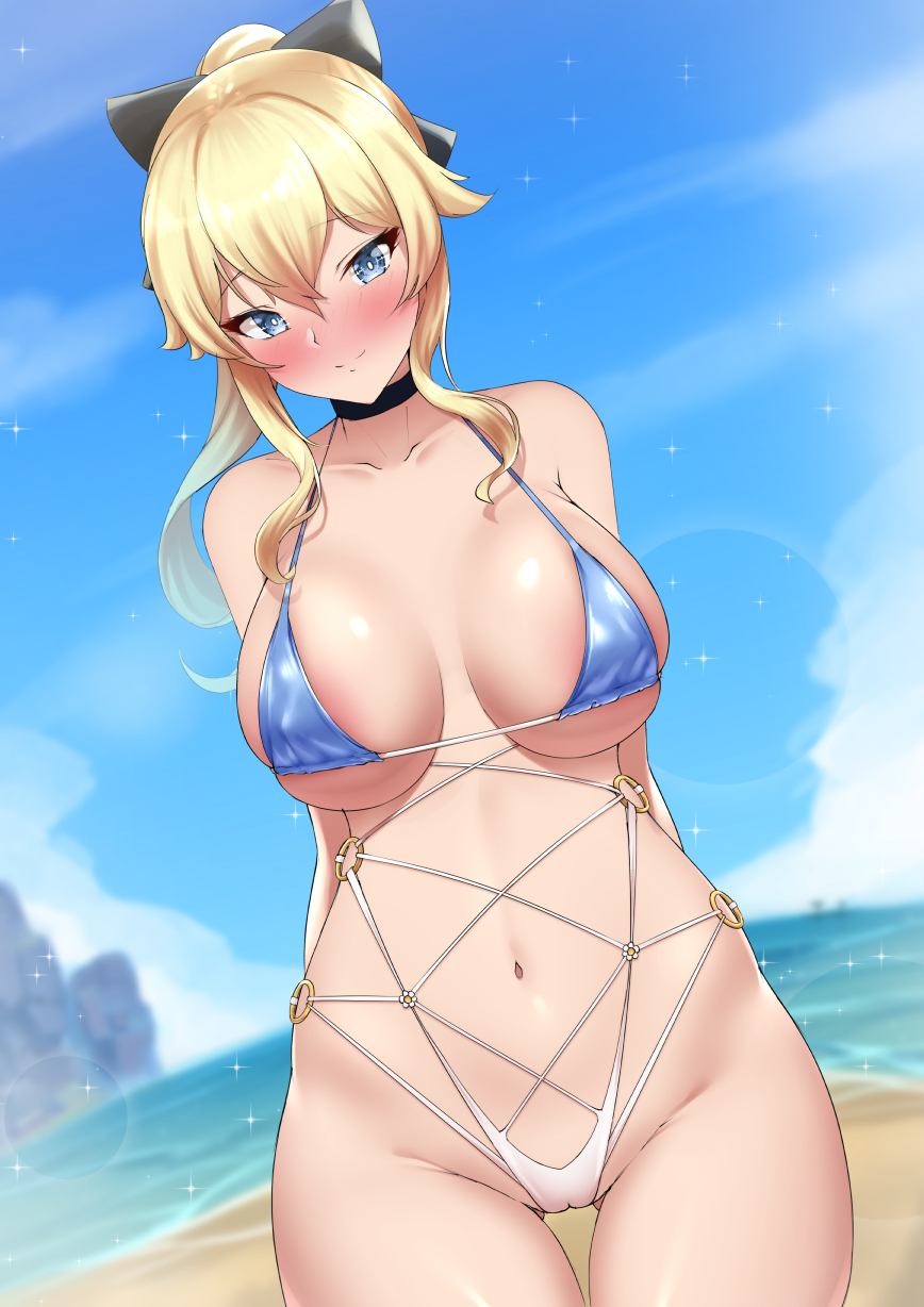 1girl 1girl 2021 alluring areola areola_slip arms_behind_back ass_visible_through_thighs beach belly_button big_breasts bikini black_choker blonde_hair blue_bikini_top blue_eyes blue_sky blush blushing_at_viewer bow bow_in_hair breasts cameltoe choker dearonnus detailed_background female_focus female_only genshin_impact hips jean_gunnhildr large_areolae long_hair long_ponytail looking_at_viewer micro_bikini mondstadt_girls ocean outside ponytail pussy sideboob slim_waist smile smiling_at_viewer string_bikini swimsuit thick_thighs thigh_gap thighs under_boob water white_bikini_bottom wide_hips