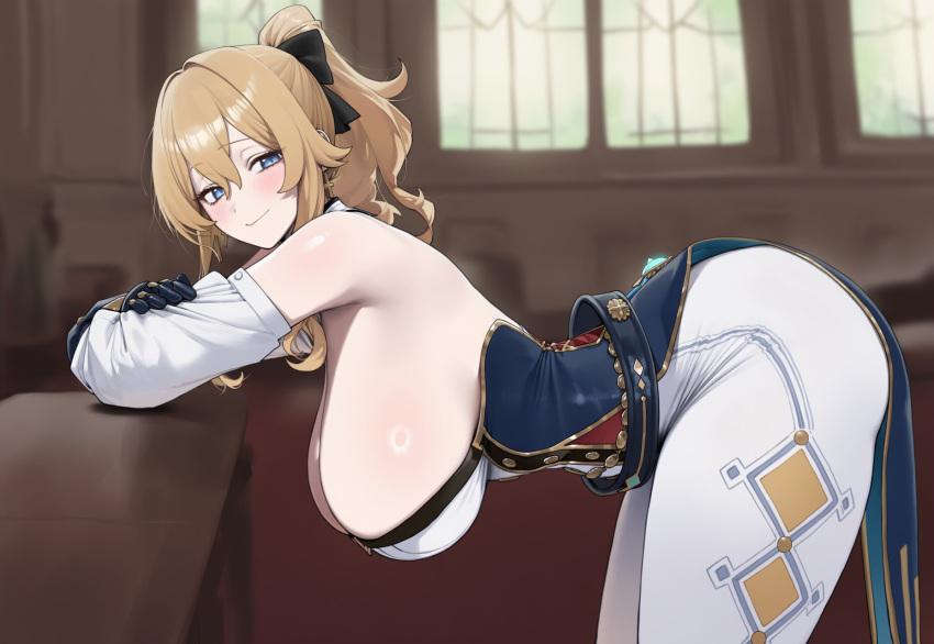 1girl 1girl ai_generated ass big_ass blonde_hair blue_eyes breasts fat_ass female_only genshin_impact huge_breasts jean_gunnhildr light-skinned_female looking_at_viewer pale-skinned_female pawg perfect_body plump truck-kun_art