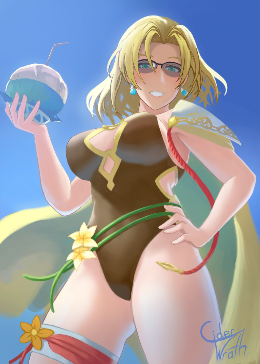 1girl 1girl alluring artist_name blonde_hair blue_eyes cape ciderwrath cup drinking_straw earrings female_focus fire_emblem fire_emblem:_the_sacred_stones fire_emblem_heroes flower hand_on_own_hip high_res holding holding_cup intelligent_systems jewelry medium_breasts medium_hair nintendo official_alternate_costume one-piece_bikini parted_bangs selena_(fire_emblem:_the_sacred_stones) selena_(summer)_(fire_emblem:_the_sacred_stones) smile sunglasses swimsuit thigh_strap