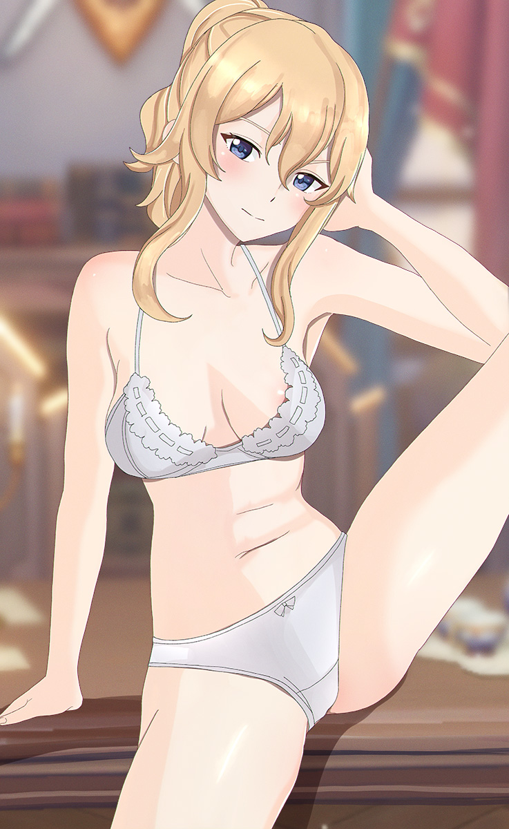 1girl 1girl alluring aruman blonde_hair blue_eyes genshin_impact jean_gunnhildr lingerie medium_breasts underwear