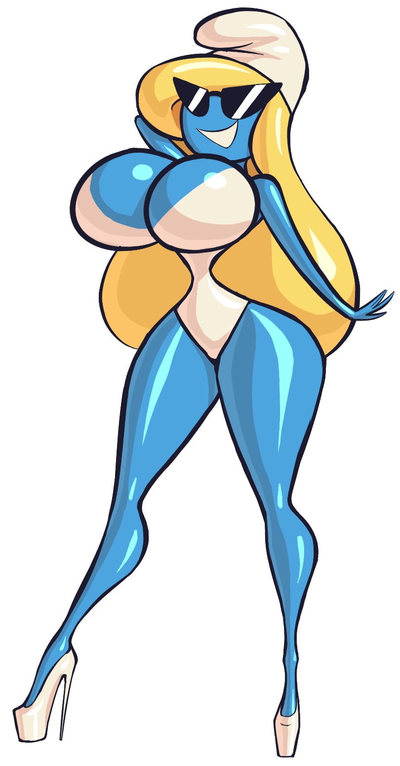 1girl 1girl big_breasts blonde_hair blue_body blue_skin breasts disney grin hat high_heels high_heels knick_knack large_hips long_hair noonun permanent_smile pixar platform_footwear platform_heels shoes smurf smurfette smurfs sunglasses sunnification swimsuit the_smurfs thin_waist transformation wide_hips