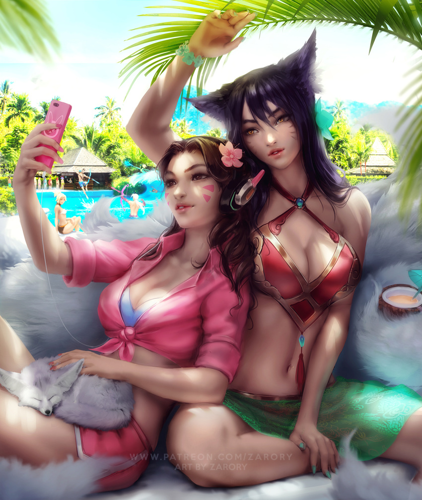 3_girls ahri ahri_(league_of_legends) animal_ears aqua_nails arm_up bangs big_breasts black_hair blizzard_entertainment blonde_female blonde_hair breasts brown_eyes brown_hair cellphone couple crossover d.va_(overwatch) day duo duo_focus facial_mark female/female flower fox fox_ears fox_girl grin hair_between_eyes hair_flower hair_ornament half-closed_eyes hand_up head_tilt headwear holding holding_cellphone holding_object holding_phone holding_smartphone league_of_legends lips lipstick long_hair love makeup medium_breasts mercy_(overwatch) multiple_girls mutual_yuri nail_polish naughty_face navel neck outside overwatch palm_tree parted_bangs parted_lips pet phone pink_flower pink_lipstick pink_nails pool resort revealing_clothes riot_games romantic romantic_couple selfpic sitting smile straight_hair tree water yellow_eyes yuri zarory