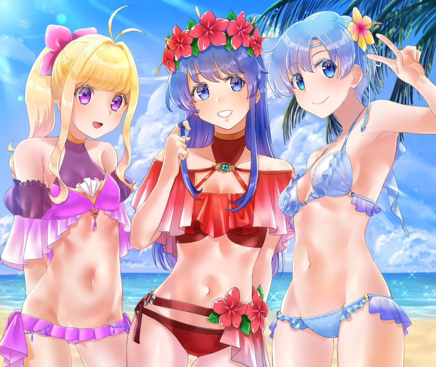 3_girls alternate_costume beach bikini blonde_hair blue_bikini blue_eyes blue_hair clarine_(fire_emblem) fire_emblem fire_emblem:_the_binding_blade flower high_res intelligent_systems lilina_(fire_emblem) lilina_(summer)_(fire_emblem) multiple_girls nintendo ocean ponytail purple_bikini purple_eyes red_bikini shanna_(fire_emblem) short_hair small_breasts smile swimsuit tsukimura_(d24f4z8j3t)
