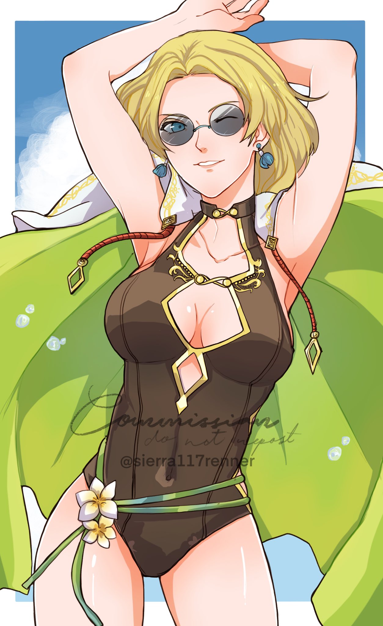 alluring arms_up blonde_hair blue_eyes cape collarbone covered_navel earrings fire_emblem fire_emblem:_the_sacred_stones fire_emblem_heroes high_res intelligent_systems jewelry medium_breasts nintendo official_alternate_costume one-piece_bikini one_eye_closed selena_(fire_emblem:_the_sacred_stones) selena_(summer)_(fire_emblem:_the_sacred_stones) sierra117renner smile sunglasses swimsuit watermark wink