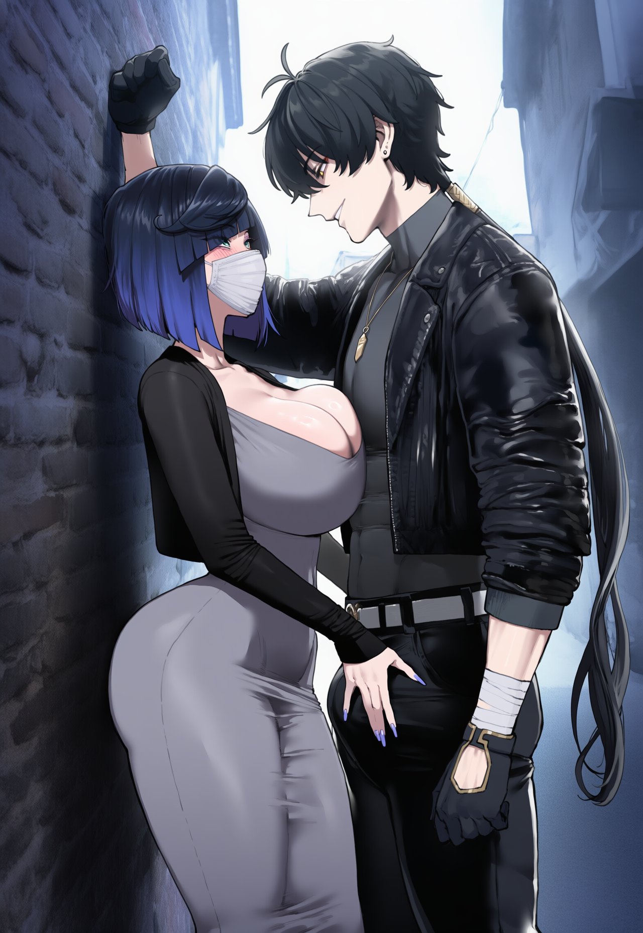 1boy 1girl ai_assisted ai_generated ass before_sex blue_hair blush breasts bulge collarbone crossover dongtan_dress dress face_mask genshin_impact gloves green_eyes huge_ass huge_breasts imminent_sex light-skinned_female light_skin male_rover_(wuthering_waves) mihoyo multicolored_hair muscular muscular_male pinned pinned_to_wall rover_(wuthering_waves) sexually_suggestive submissive submissive_female thick_thighs thighs truck-kun_art wuthering_waves yelan_(genshin_impact)