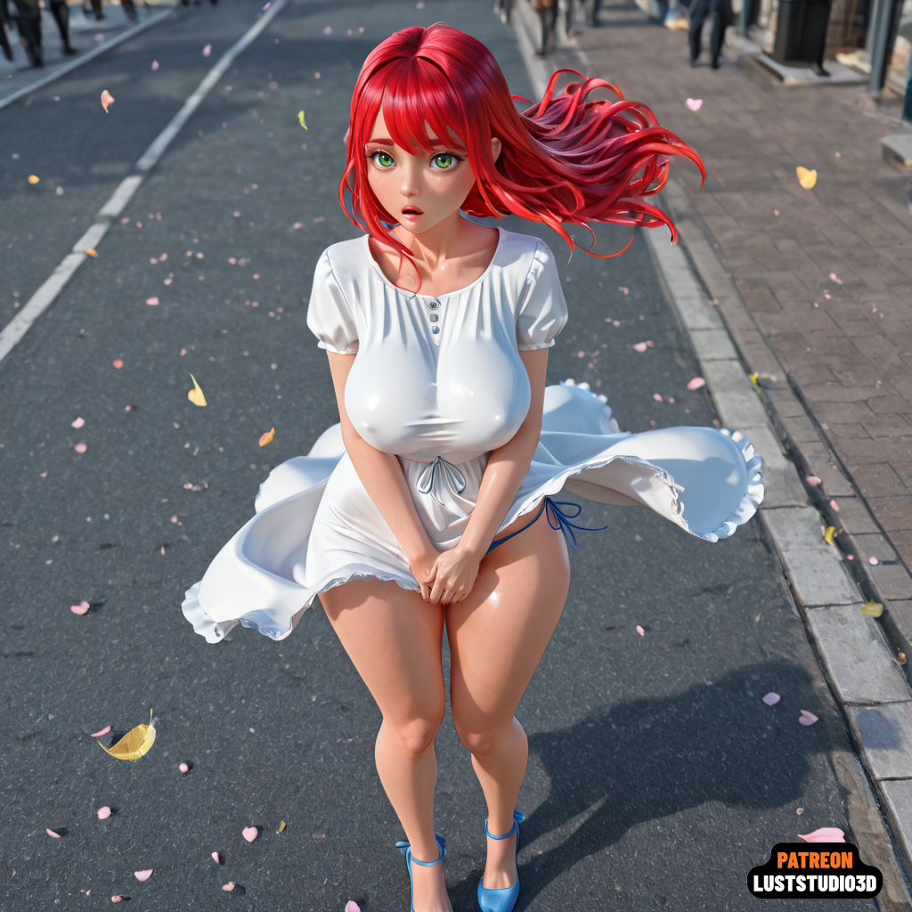 1girl 1girl 1girl 3d absurdress ai ai-created ai_generated big_breasts big_breasts blue_panties breasts clothes_lift covering_privates curvaceous dress dress_lift ecchi g-string green_eyes highleg long_hair original outdoor public red_hair stockings street thick_thighs thong underwear wide_hips wind_lift