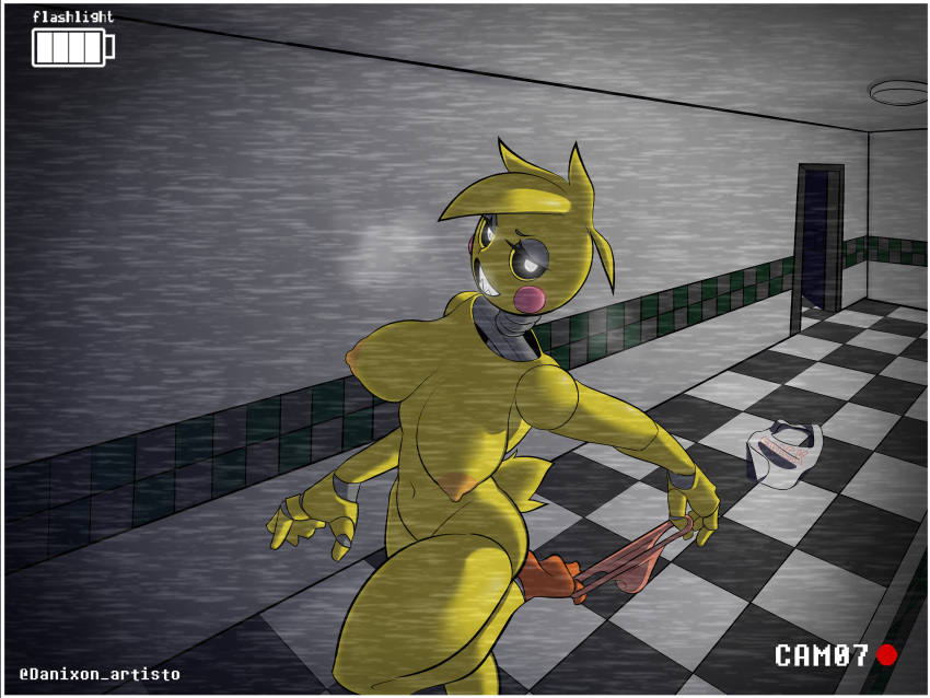 1girl 1girl 1girls 5_fingers animatronic animatronic_female anthro anthro_only artist_name battery battery_indicator beakless belly_button bib big_breasts big_breasts black_eyes breasts camera camera_overlay camera_pov camera_view chicken clothing_on_floor color colored completely_naked completely_nude danixon detailed detailed_background digital_drawing_(artwork) english english_text eyelashes feet feet_up female_focus female_only five_nights_at_freddy's five_nights_at_freddy's_2 furry furry_only galliform gallus_(genus) holding_panties horny horny_female in_heat looking_at_viewer naked_female nude nude nude_female panties panties_around_leg panties_around_leg panties_down pink_cheeks pink_panties recording robot robot_girl rosy_cheeks scottgames short_tail smile smiling_at_viewer solo_female solo_focus static stripping suggestive taking_clothes_off taking_off_panties toy_chica_(fnaf) toy_chica_(love_taste) video_game video_game_character video_game_franchise video_games yellow_body