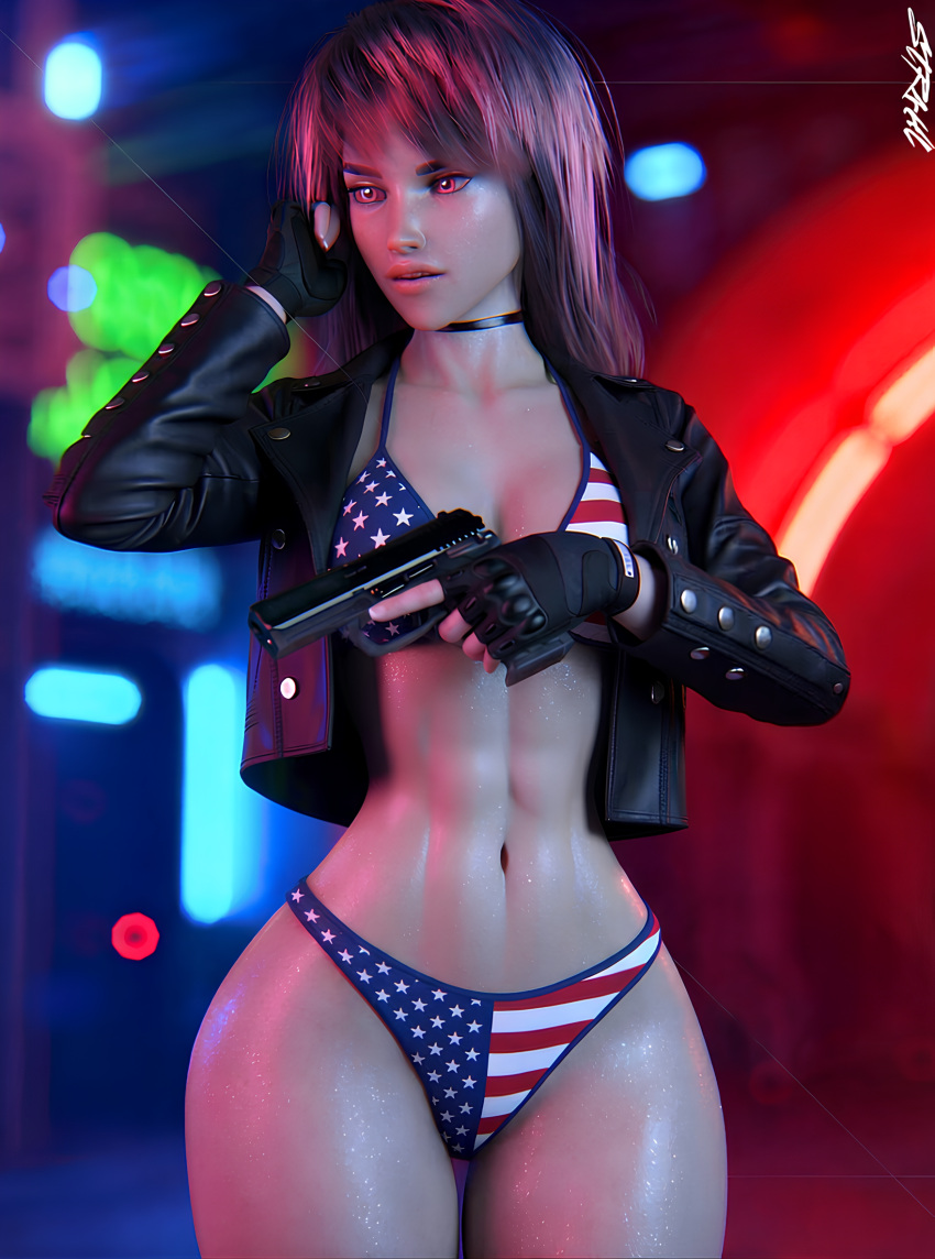 1girl 1girls 3d american_flag_bikini athletic athletic_female bikini black_jacket breast breasts breasts cleavage curvaceous curvy curvy_figure cyberpunk eyebrows eyelashes eyes female_focus firearm fit fit_female gun hair hips holding_gun holding_pistol holding_weapon hourglass_figure human legs light-skinned_female light_skin lips mature mature_female original original_character pistol slim slim_waist str4hl thick thick_hips thick_legs thick_thighs thighs voluptuous voluptuous_female waist weapon wide_hips