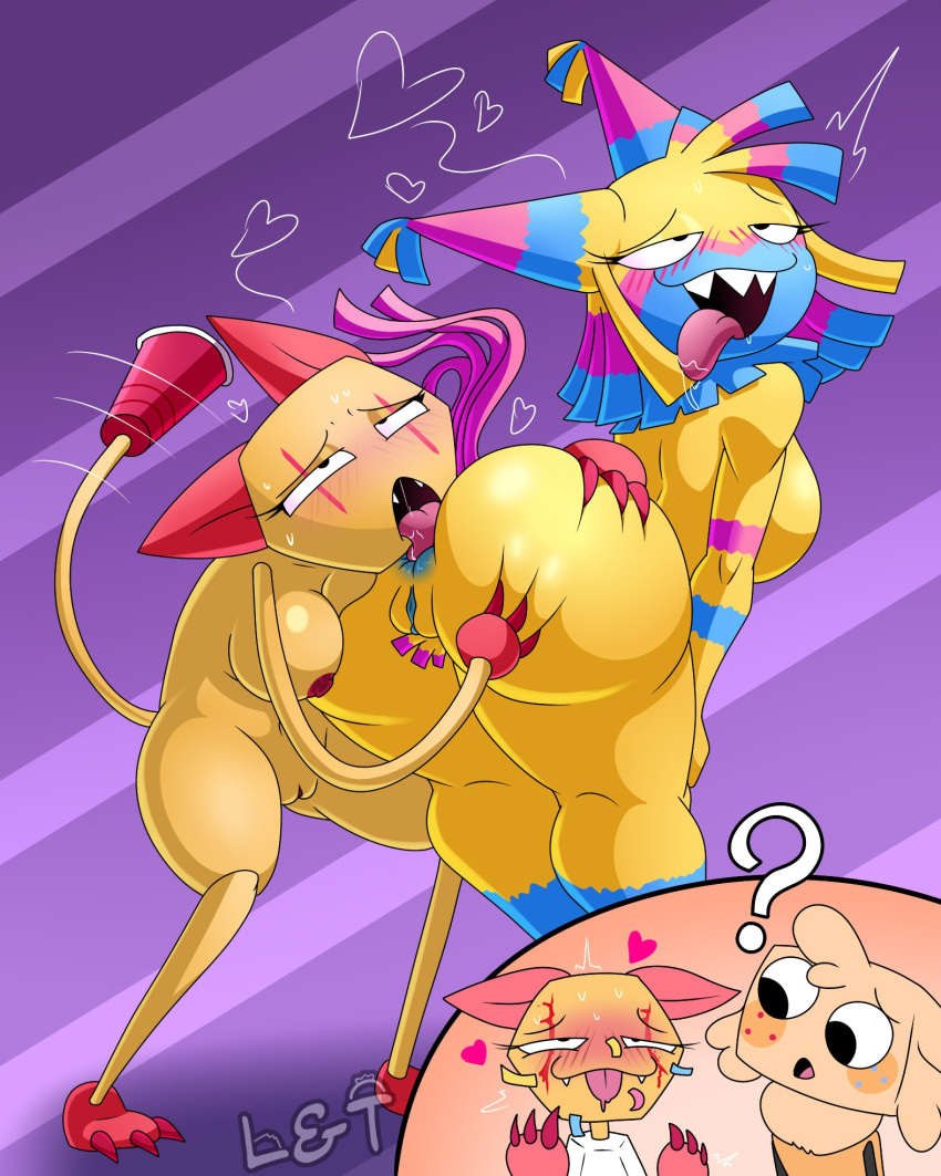 1girl 2_girls anal anilingus anus ass big_breasts blush breasts dandy's_world delicious_ass eating_ass foreplay furry goob_(dandy's_world) large_ass lechugansfw nipples partycraft pussy rimming scraps_(dandy's_world) simple_background tongue tongue_out yatta_(dandy's_world) yellow_fur yuri