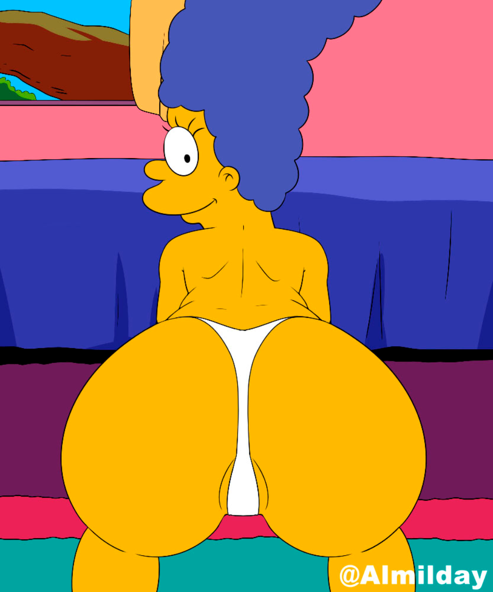 1girl 20th_century_fox all_fours almilday ass ass_focus bed black_hair blue_hair breasts female_focus fox_corporation long_hair looking_back marge_simpson micro_panties milf room seduction seductive the_simpsons yellow_skin