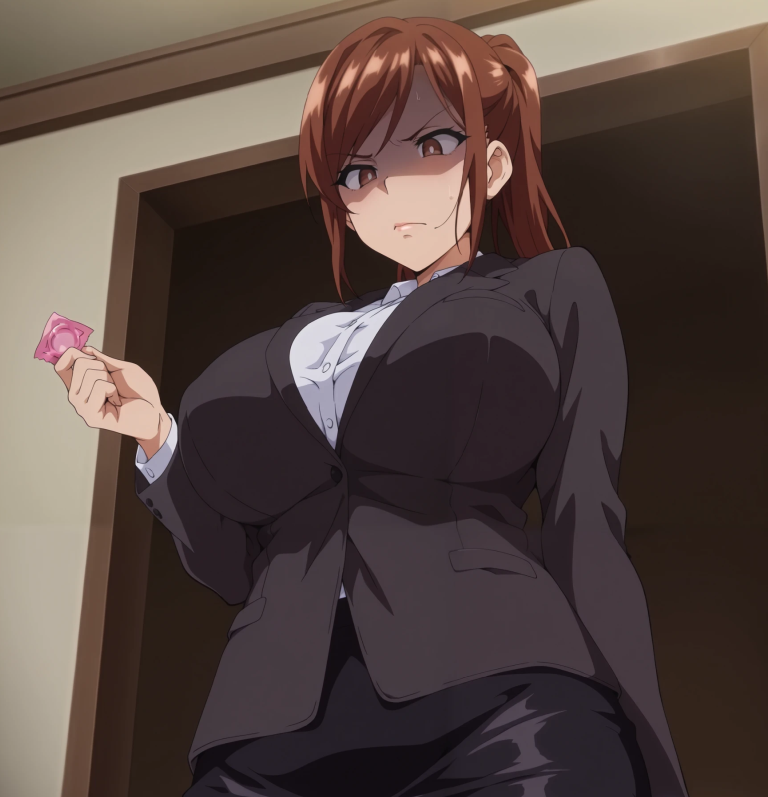 1girl ai_generated angry angry_face azuma_hisato breasts brown_hair cheating cheating_wife condom himawari_wa_yoru_ni_saku huge_breasts light-skinned_female light_skin mature mature_female mature_woman milf netorare ntr office_lady shaded_face takeda_hiromitsu waifussugoi