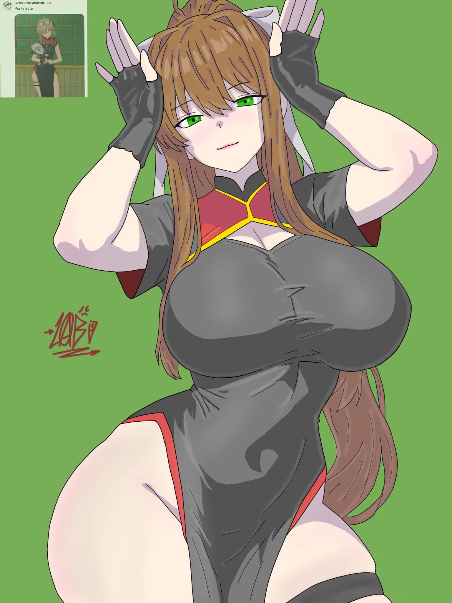 1girl big_breasts breasts doki_doki_literature_club drawlab33t green_eyes hips looking_at_viewer monika_(doki_doki_literature_club) ponytail qipao thick_thighs thighs wide_hips