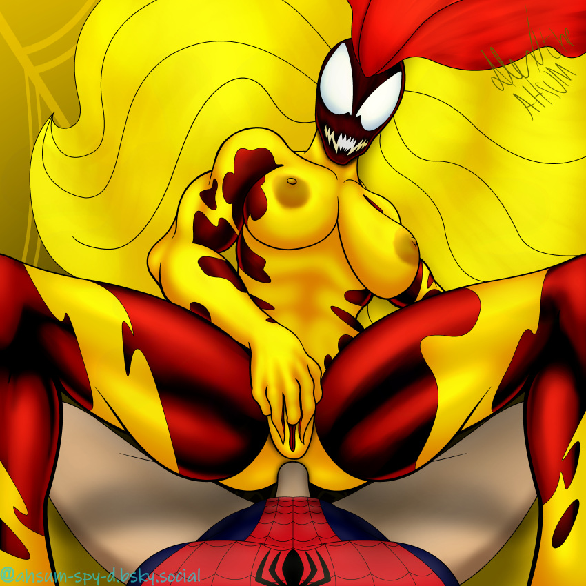 1:1 1boy 1girl 2025 abs absurd_res ahsum_spy-d anal anal_penetration anal_sex big_hair bottomless_male breasts donna_diego female_focus finger_in_pussy fingering fingering_pussy fingering_self high_res humanoid legs_spread male/female marvel marvel_comics masturbation masturbation_while_penetrated multicolored_body muscular muscular_female muscular_male nipples open_mouth penis penis_in_ass peter_parker pussy red_highlights scream_(spider-man) sex spider-man spider-man_(series) symbiote white_eyes yellow_hair yellow_nipples