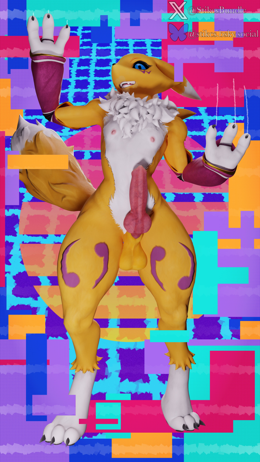 1boy against_screen armwear balls bandai_namco blue_eyes claw clothes digimon knotted_penis long_ears looking_at_viewer male mixed_media nipples nude on_glass penis renamon solo stikcs tail teeth thick_thighs white_fur yellow_fur
