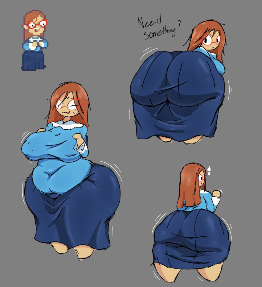 1girl 1girls ass back_view bent_over big_ass big_breasts big_breasts breasts closed_eyes_smile clothed clothing kindergarten_(game) kindergarten_3 large_ass leaning_forward ms._lovelett nipple_bulge nipples puhf reference sprite teacher thick_thighs thunder_thighs wiggle_lines wobbling_ass