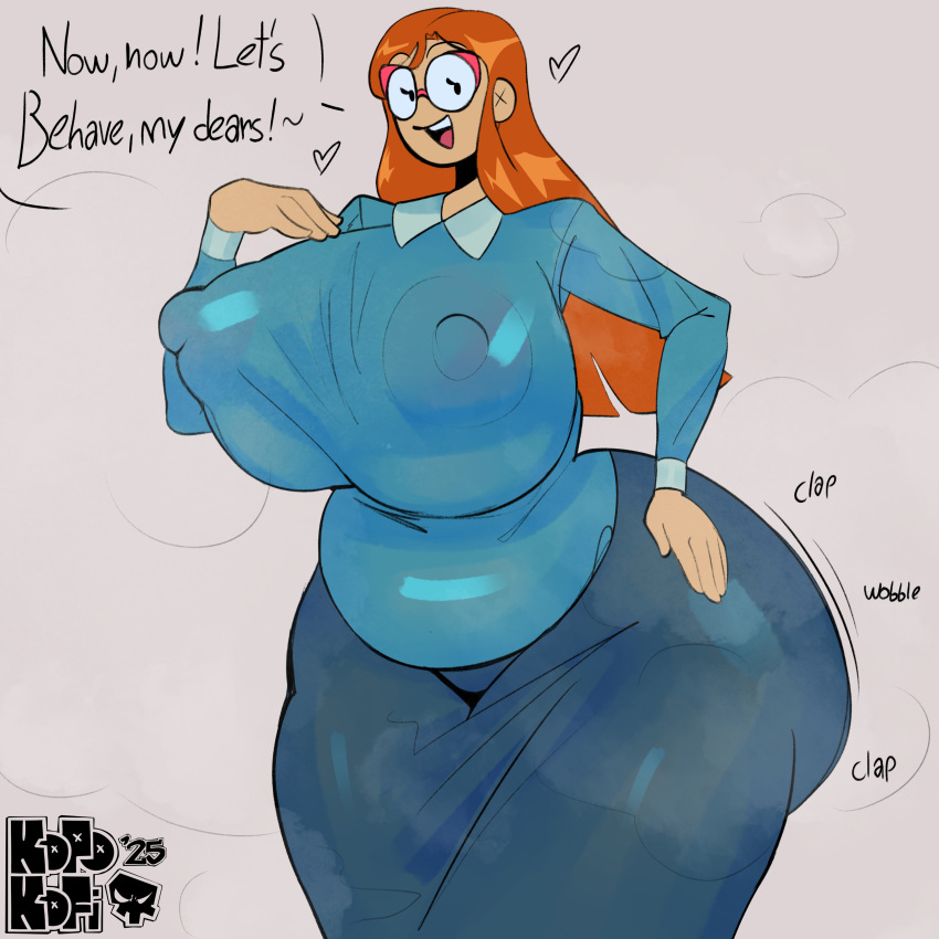 1girl 1girls ass big_ass big_breasts big_breasts breasts clapping_cheeks english_text fat_ass glasses huge_breasts kindergarten_(game) kindergarten_3 kopokofiart large_ass ms._lovelett nipples nipples_visible_through_clothing orange_hair shaking shaking_ass shaking_butt sound_effects talking teacher text watermark wiggle_lines