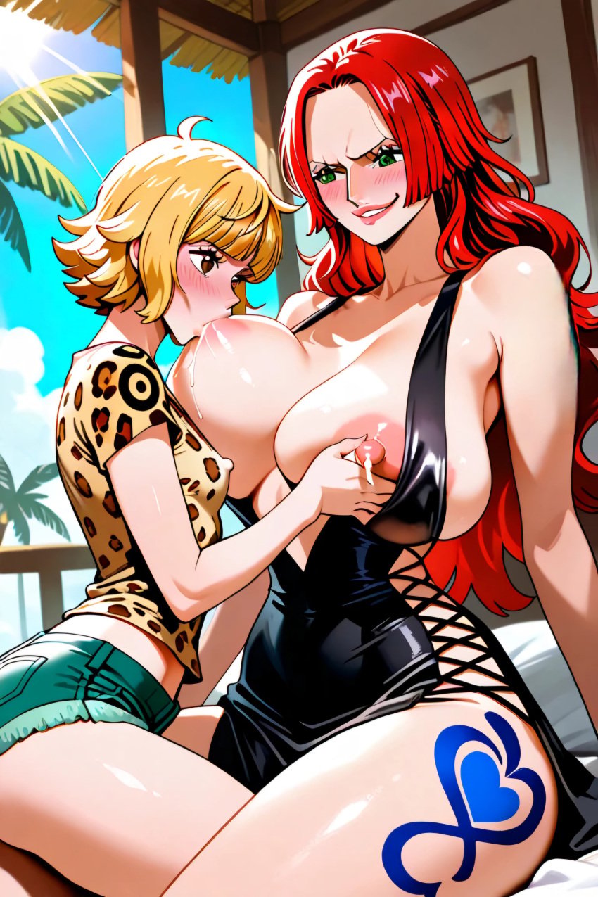1girl 2025 2_girls 2women ai_assisted ai_generated areola baccarat_(one_piece) bakunyuu black_dress blonde_hair breast_size_difference breastfeeding breasts breasts_bigger_than_head breasts_sucking brown_eyes brown_skin clothing curvy curvy_body curvy_female curvy_milf curvy_woman dark-skinned_female dark_skin denim_shorts enjoying_breast_sucking female_only female_sucking_breast girls_love green_eyes grin high_resolution holding holding_breast huge_breasts human lactating_in_mouth le_style_anon leopard_print_shirt long_dress long_hair looking_at_another looking_at_partner looking_pleasured marguerite milk milking nipples older_female_and_younger_female one_piece one_piece_film_gold panchira peitoes peitudas presenting_breasts red_hair short_hair shorts sitting sitting_on_bed sitting_on_person smaller_breasts sucking_huge_breast sucking_nipples t-shirt tattoo tattoo_on_legs tetas tetas_grandes thick_thighs thin_female thin_woman upskirt voluptuous younger_female yuri