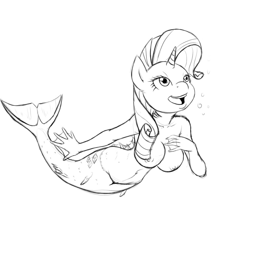1girl anthro anthrofied areola breasts bubble cutie_mark equine female friendship_is_magic gills hasbro horn mammal my_little_pony nipples nude poprocks pussy rarity rarity_(mlp) sketch solo straight_hair underwater unicorn water webbed_hands