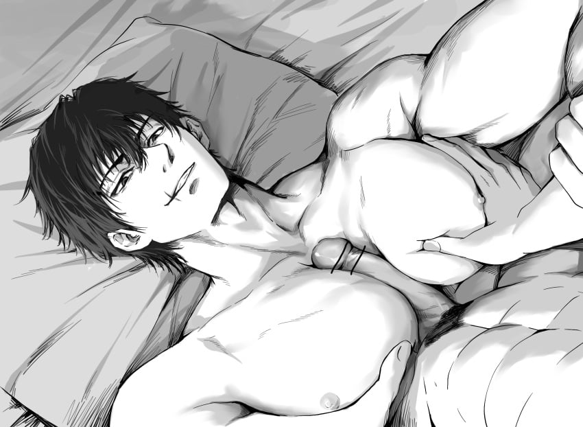 abs adam's_apple artist_request bar_censor bara censored erection from_above grabbing greyscale grin high_res jujutsu_kaisen large_pectorals looking_at_another looking_up male male_focus male_only mature_male monochrome muscular muscular_male nipples nude pecjob pectoral_grab pectorals scar scar_on_face short_hair smile solo_focus thick_eyebrows toji_fushiguro upper_body yaoi