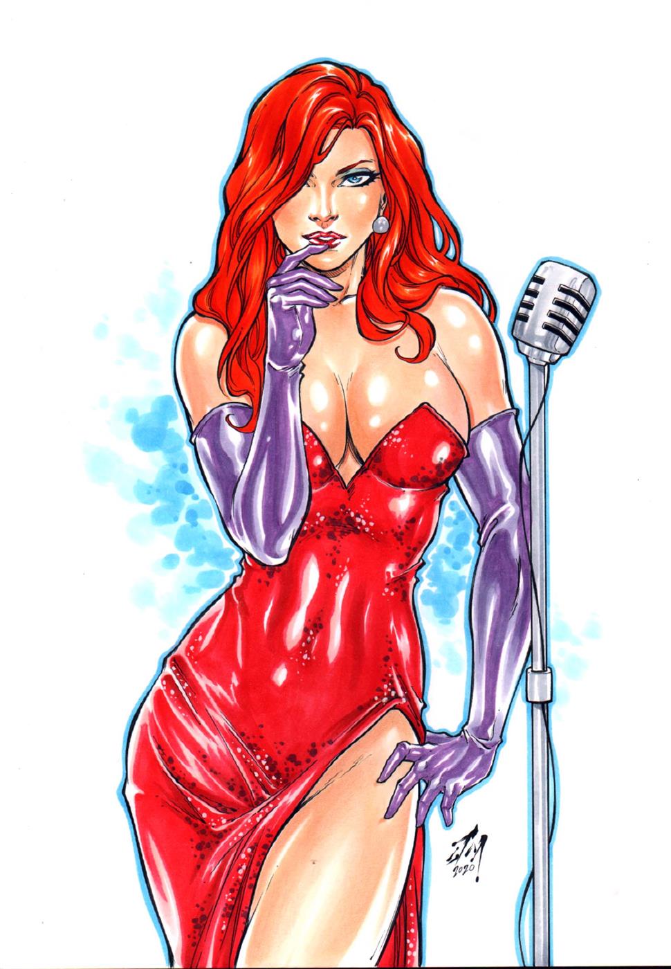 1girl arm_at_side bare_shoulders big_breasts blue_eyes breasts cleavage collarbone contrapposto covered_navel disney dress earrings elbow_gloves eyeshadow female_only female_solo gloves grin hair_over_one_eye half-closed_eyes hand_on_hip hand_up jessica_rabbit jewelry juniormaia100 juniormaia100_(artist) lips lipstick long_dress long_hair looking_at_viewer makeup microphone microphone_stand mound_of_venus naughty_face neck no_panties parted_lips pose posing purple_gloves red_dress red_hair red_lipstick simple_background smile standing straight_hair strapless strapless_dress white_background who_framed_roger_rabbit