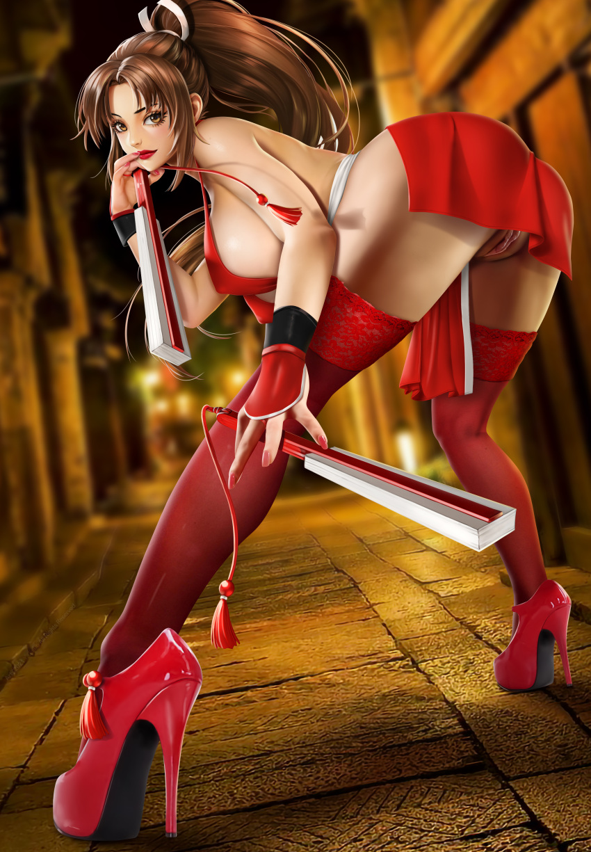 1girl ass bangs bent_over big_ass big_breasts blurry blurry_background breasts brown_eyes brown_hair closed_fan closed_mouth dual_wielding fan fatal_fury female_only female_solo footwear high_heels high_ponytail holding holding_fan holding_weapon indoors king_of_fighters kunoichi lips lipstick long_hair looking_at_viewer looking_back mai_shiranui makeup nail_polish ninja no_panties parted_bangs ponytail pussy red_footwear red_high_heels red_lipstick red_nails shadow shiranui_mai sideboob smile snk standing tied_hair uncensored weapon yi_qiang yiqiang