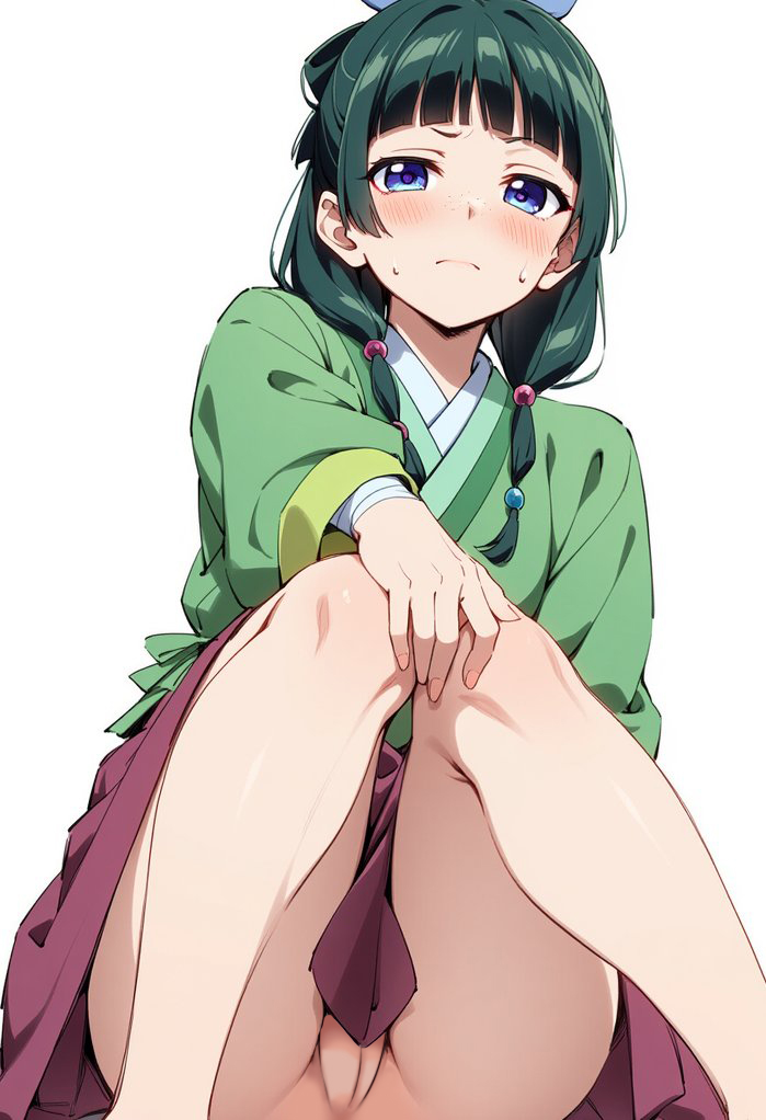 blue_eyes bottomless chinese_clothes embarrassed green_hair kusuriya_no_hitorigoto looking_at_viewer maomao_(kusuriya_no_hitorigoto) nekom14 no_panties pussy spread_legs upskirt