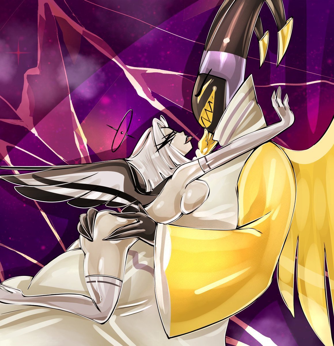 1boy 1girl 1girls 2angels 69 adam_(hazbin_hotel) adam_and_eve angel angel_girl angel_wings ass big_ass bitterbunz black_halo boots catholic christianity clothed_male_nude_female cowgirl_position elbow_gloves gloves hand_on_ass hazbin_hotel lute_(hazbin_hotel) male male/female metal_arm public_domain short_hair stockings straight thigh_high_boots tongue tongue_out twitter vivienne_medrano vivziepop x yellow_halo