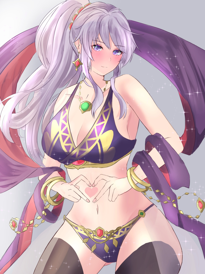 1girl 1girl absurd_res alluring bare_arms bare_shoulders big_breasts black_thighhighs bracelet cleavage commentary_request cowboy_shot crop_top earrings fire_emblem fire_emblem:_genealogy_of_the_holy_war gluteal_fold grey_background heart heart_hands high_res intelligent_systems ishtar_(fire_emblem) jewelry long_hair looking_at_viewer midriff navel necklace nintendo peli_cantaro ponytail purple_eyes purple_hair shawl sidelocks smile stockings stomach
